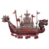 Large Chinese Carved Hardwood Dragon Boat Model on Wave Base