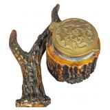 Antique Rustic Stag Horn Antler Desk Inkwell with Embossed Brass Lid