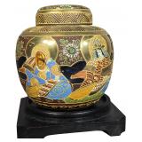 Japanese Satsuma Moriage Earthenware Ginger Jar with Original Lid and Stand