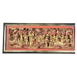 Chinese Gilt and Red Lacquer Deep Relief Carved Wood Panel