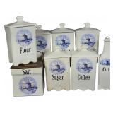 A Set of Ceramic Kitchen Storage Vessels with Blue Dutch Windmill Pattern