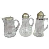 Three Antique Pressed Glass Syrup Pitchers with Metal Lids