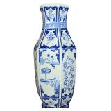 Large Chinese Blue and White Porcelain Hexagonal Baluster Vase
