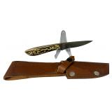 Damascus Steel Fixed Blade Knife with Stag Handle and Leather Sheath