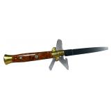 Italian 9 Inch Automatic Stiletto Knife with Burl Wood Scales and Black Bayonet Blade