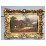 Early American School Farmhouse Landscape Oil Painting