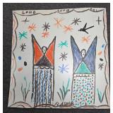RA Miller 'Angels' Folk Art Drawing On Tin