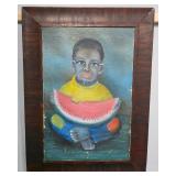 Great early 1900s Black Americana Boy Holding Watermelon Painting