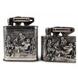 Two Continental Silver Plate Figural Table Lighters, Tavern Scene