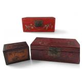 Three Chinese Red Lacquer Storage Boxes With Figural & Floral Decoration