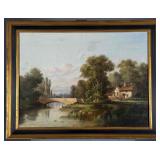 Continental School River Landscape With Stone Bridge and Cottage, 19th Century, Oil on Canvas