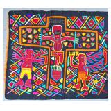 Guna Mola Panel Syncretic Crucifixion with Flanking Spirit Figures