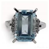 Estate Emerald Cut Aquamarine and Diamond Platinum Cocktail Ring