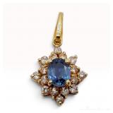 18K Yellow Gold Blue Sapphire and Diamond Cluster Pendant