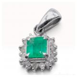 Platinum Emerald and Diamond Halo Pendant