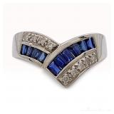 Miyako 14 Karat White Gold Sapphire and Diamond Chevron Ring