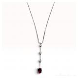 18K White Gold 0.34 Carat Ruby and 0.06 Carat Diamond Linear Drop Pendant Necklace