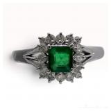 Platinum Emerald and Diamond Cluster Ring