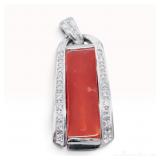 Rectangular Antique Red Coral and Diamond Pendant in Platinum