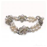 Vintage Double Strand Cultured Pearl and Silver Floral Motif Bracelet