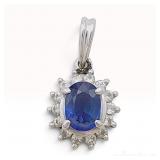 Platinum Blue Sapphire and Diamond Halo Pendant, S0.63ct D0.16ct