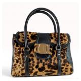 Salvatore Ferragamo Leopard Print Calf Hair and Black Leather Satchel