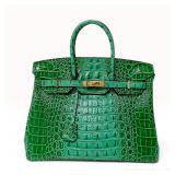 Emerald Green Genuine Crocodile Birkin Style 2way Handbag with Gold Hardware