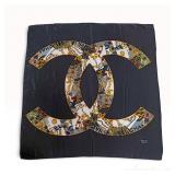 Chanel Vintage Navy Blue Silk Scarf with Interlocking CC Jewelry Motif