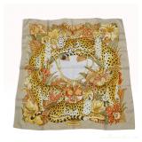 Vintage Salvatore Ferragamo Animalier Cheetah and Tropical Floral Beige Silk Scarf 90 cm