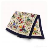 Gucci Flora Print Silk Scarf with Navy Border