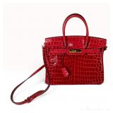 Genuine Crocodile Leather Birkin Style Satchel with Gold-Tone Hardware