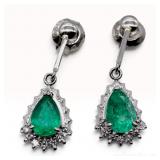 Pt850 1.38ct Natural Emerald and 0.14ctw Natural Diamond Drop Earrings