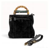 Gucci Black Suede and Pebbled Leather Bamboo 2-Way Tote Bag