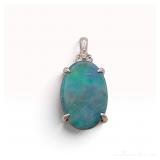 14K White Gold 1.00ct Black Opal and 0.02ctw Natural Diamond Pendant