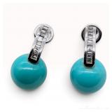 Vintage Pt900 Platinum 10mm Turquoise and Natural Diamond Baguette Drop Earrings