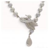 Vintage Japanese Silver and Semi-Round Cultured Pearl Bird Motif Necklace