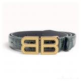 Balenciaga Forest Green Croc-Embossed Leather BB Logo Waist Belt
