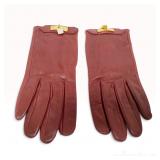 A Pair of Hermes Soya Burgundy Lambskin Leather Gloves with Gold-Tone Hardware