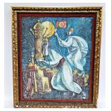 YOSSI STERN - OIL ON CANVAS Original painting of a rabbinical figure holding a Torah over Jerusalem.