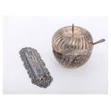A STERLING SILVER HONEY DISH AND MEZUZAH COVER.