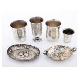 FOUR SMALL KIDDUSH CUPS AND TWO SILVER CHAROSET CONTAINERS. Various origins.
