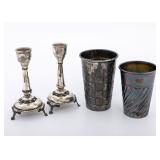 TWO STERLING SILVER KIDDUSH CUPS AND CANDLESTICKS. Israel, modern