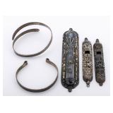 THREE STERLING SILVER MEZUZOT COVERS AND TWO ISRAELI STERLING BRACELETS