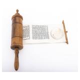 AN OLIVEWOOD MEGILLAH CASE WITH ORIGINAL MEGILLAH. Jerusalem, c. 1930