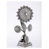 A LARGE AND HEAVY SILVER SPICE CONTAINER IN THE SHAPE OF A SUNFLOWER