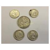 5 silver Canada coins dimes, quarter 1951-52+