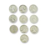 10pc Pre-1964 U.S. 90% Silver Washington Quarters