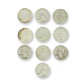 10pc Pre-1964 U.S. 90% Silver Washington Quarters