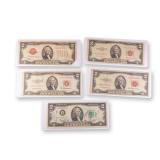 5pc 1928, 1958, & 1976 United States $2 Banknotes