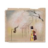 Japanese Gouache and Ink on Fabric, Cherry Blossom Garden Scene, Signed